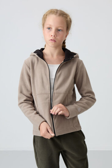 Koyu Bej Kalın Yumuşak Dokulu Standart Fit Nakışlı Polar Kız Çocuk Sweatshirt - 75152 