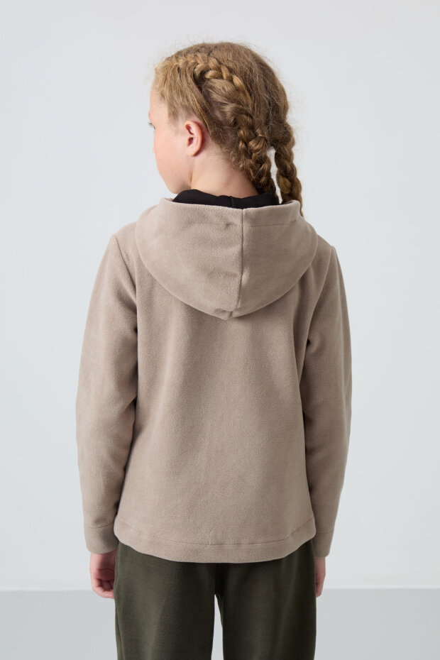 Koyu Bej Kalın Yumuşak Dokulu Standart Fit Nakışlı Polar Kız Çocuk Sweatshirt - 75152 - 5
