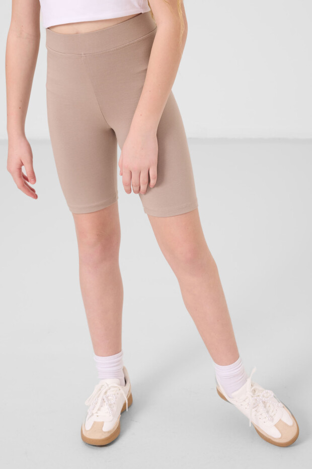 Koyu Bej Pamuklu Kısa Paça Standart Fit Basic Kız Çocuk Tayt - 75188