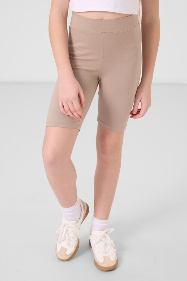 Koyu Bej Pamuklu Kısa Paça Standart Fit Basic Kız Çocuk Tayt - 75188