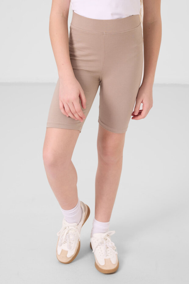 Koyu Bej Pamuklu Kısa Paça Standart Fit Basic Kız Çocuk Tayt - 75188 - 3