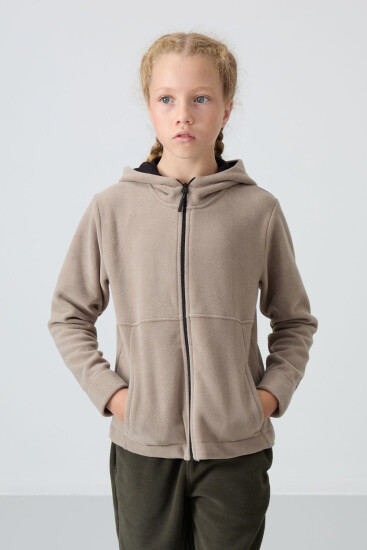 Koyu Bej Kalın Yumuşak Dokulu Standart Fit Nakışlı Polar Kız Çocuk Sweatshirt - 75152 