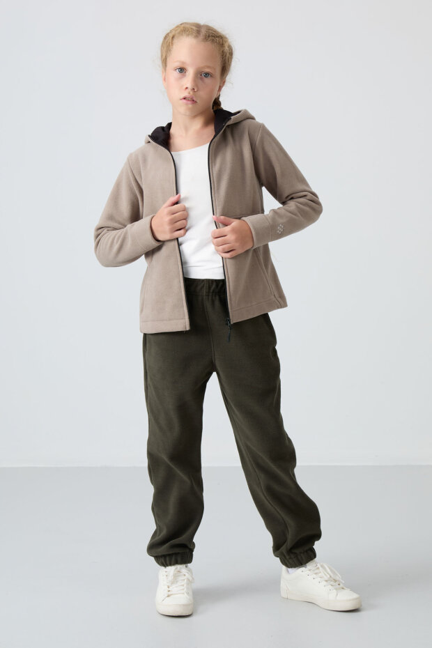 Koyu Bej Kalın Yumuşak Dokulu Standart Fit Nakışlı Polar Kız Çocuk Sweatshirt - 75152 - 2