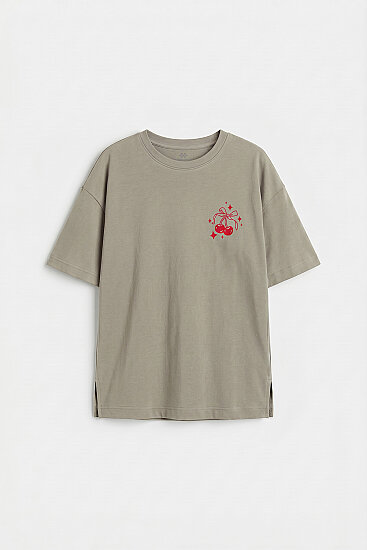 Koyu Bej Oversize Kısa Kollu Baskılı Kız Çocuk T-Shirt - 75176 