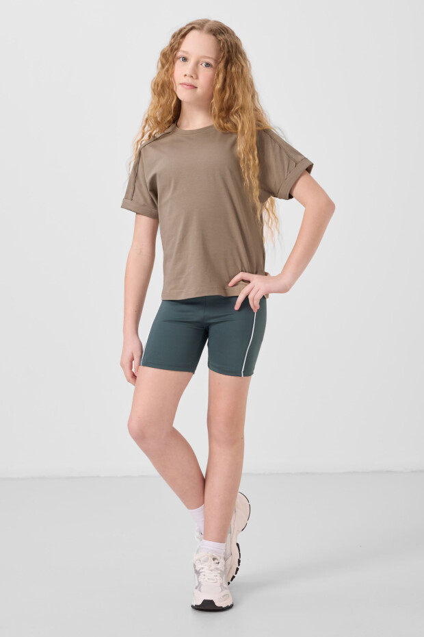 Koyu Bej Pamuklu O Yaka Oversize Fit Basic Kız Çocuk T-Shirt - 75182