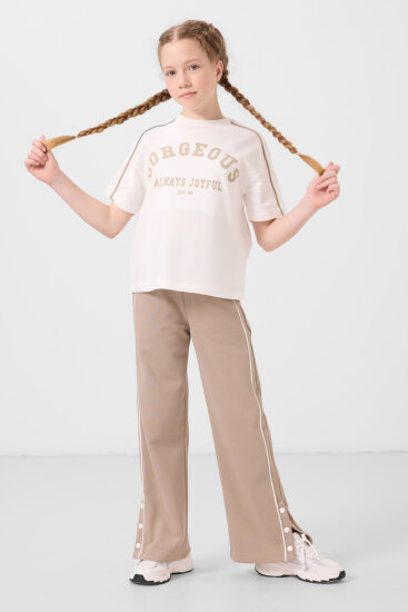 Koyu Bej Geniş Paça Çıt Çıt Detaylı Kız Çocuk Palazzo Pantolon - 75199 - TOMMYLIFE (1)