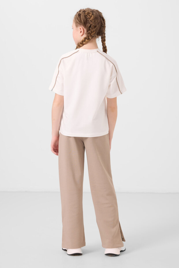 Koyu Bej Geniş Paça Çıt Çıt Detaylı Kız Çocuk Palazzo Pantolon - 75199 - 5