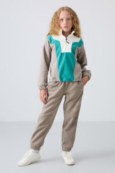 Koyu Bej Kalın Yumuşak Dokulu Oversize Nakışlı Polar Kız Çocuk Sweatshirt - 75153 - TOMMYLIFE (1)