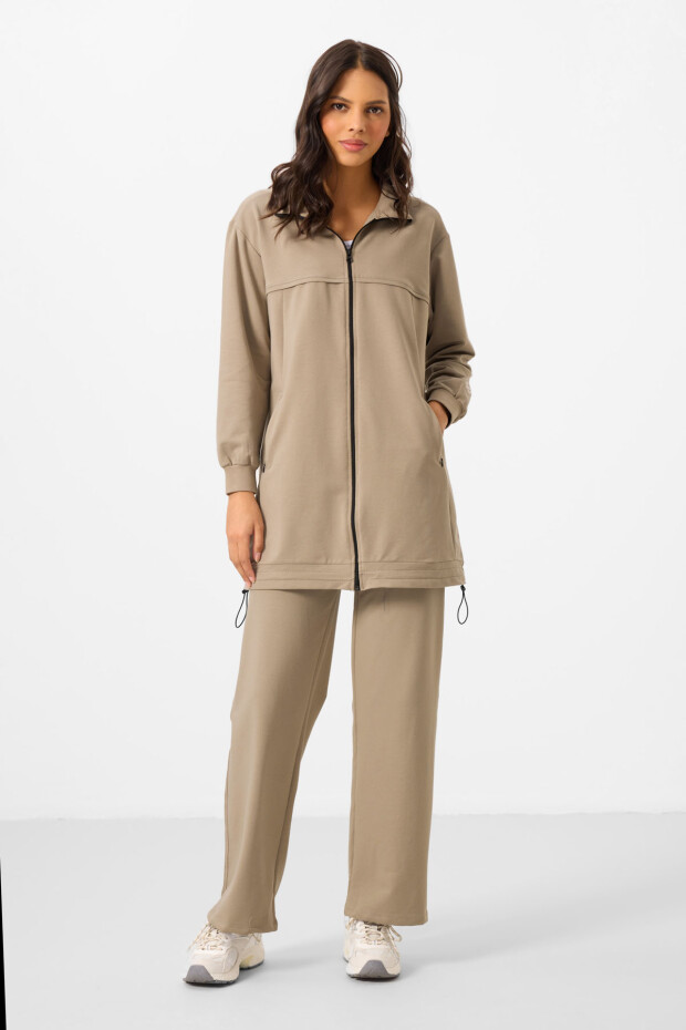 Koyu Bej Dik Yaka Fermuarlı Pamuklu Kadın Eşofman Tunik Takım - 95346 - 3