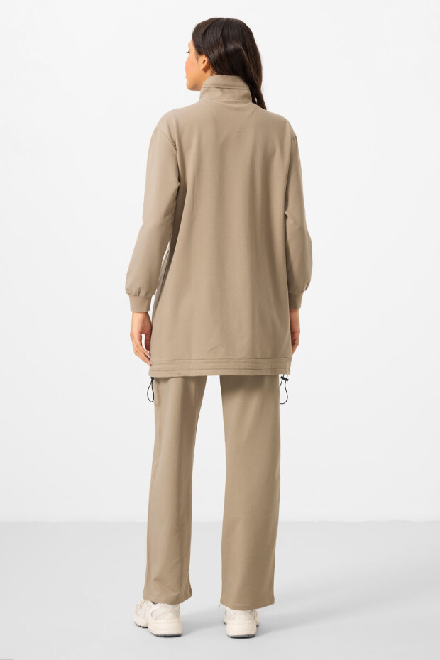 Koyu Bej Dik Yaka Fermuarlı Pamuklu Kadın Eşofman Tunik Takım - 95346 - 8