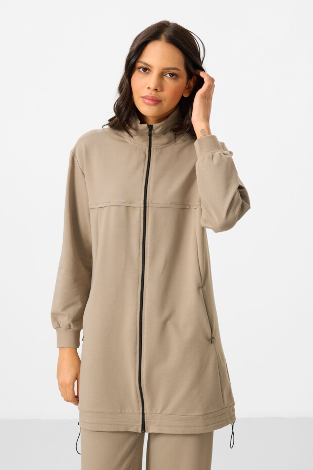 Koyu Bej Dik Yaka Fermuarlı Pamuklu Kadın Eşofman Tunik Takım - 95346 - 5