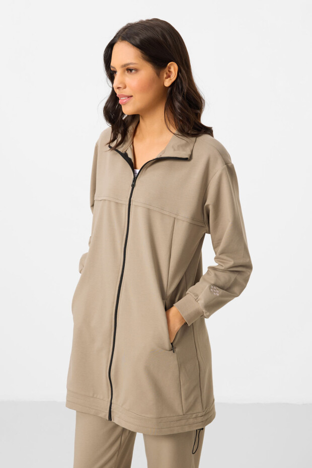 Koyu Bej Dik Yaka Fermuarlı Pamuklu Kadın Eşofman Tunik Takım - 95346 - 7