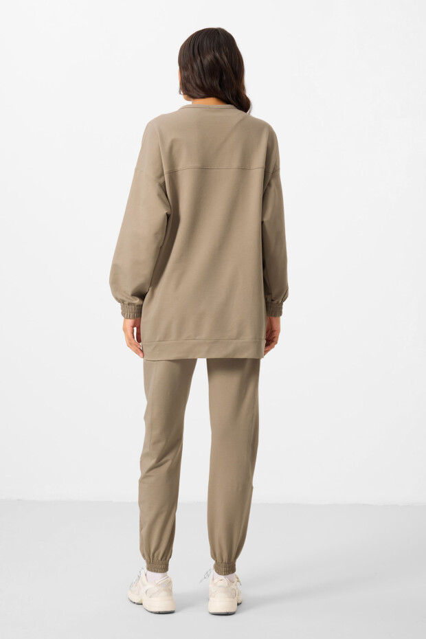 Koyu Bej O Yaka Basic Oversize Kadın Eşofman Tunik Takım - 95347 - 6