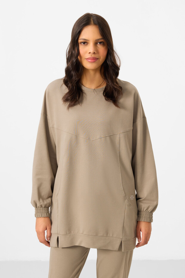 Koyu Bej O Yaka Basic Oversize Kadın Eşofman Tunik Takım - 95347 - 3
