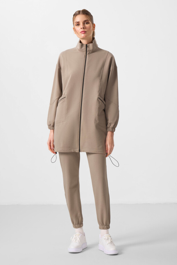 Koyu Bej Dik Yaka Fermuarlı Rahat Form Kadın Eşofman Tunik Takım - 95345 - 5