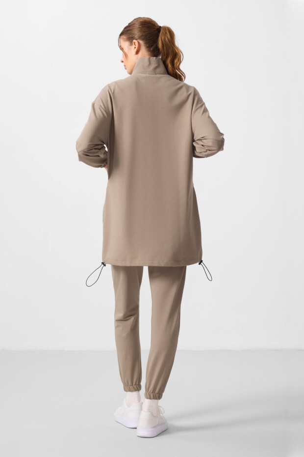 Koyu Bej Dik Yaka Fermuarlı Rahat Form Kadın Eşofman Tunik Takım - 95345 - 8