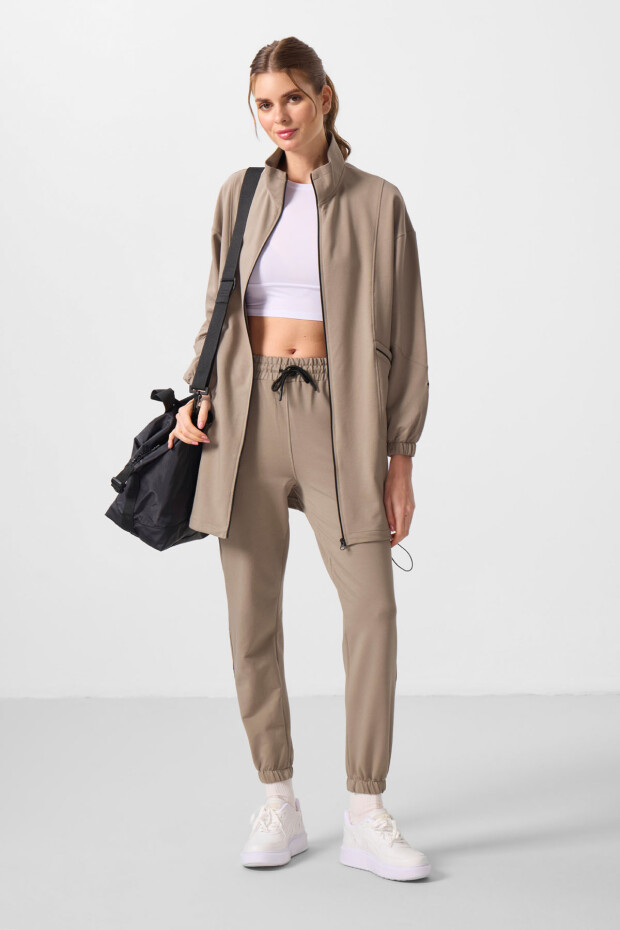 Koyu Bej Dik Yaka Fermuarlı Rahat Form Kadın Eşofman Tunik Takım - 95345 - 1