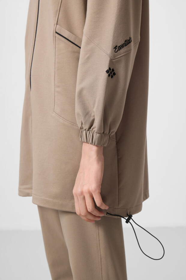 Koyu Bej Dik Yaka Fermuarlı Rahat Form Kadın Eşofman Tunik Takım - 95345 - 6