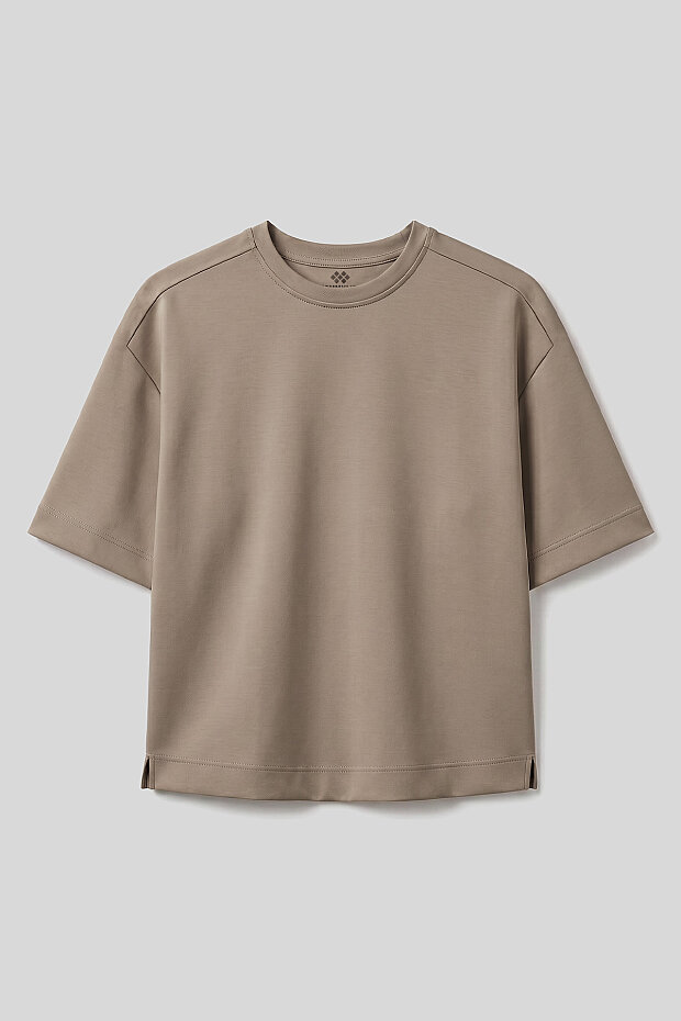 Koyu Bej O Yaka Oversize Kısa Kollu Kadın T-Shirt - 97316 - 1