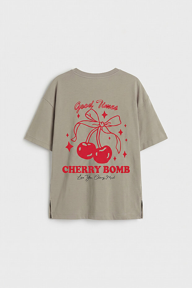 Koyu Bej Rahat Form Kısa Kollu Baskılı Kız Çocuk T-Shirt - 75176 - 5