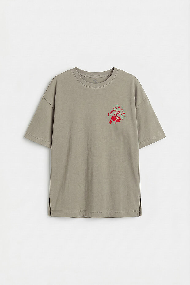 Koyu Bej Rahat Form Kısa Kollu Baskılı Kız Çocuk T-Shirt - 75176 - 4