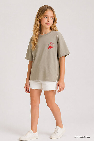 Koyu Bej Oversize Kısa Kollu Baskılı Kız Çocuk T-Shirt - 75176 
