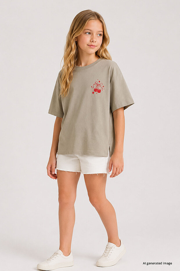 Koyu Bej Rahat Form Kısa Kollu Baskılı Kız Çocuk T-Shirt - 75176 - 1