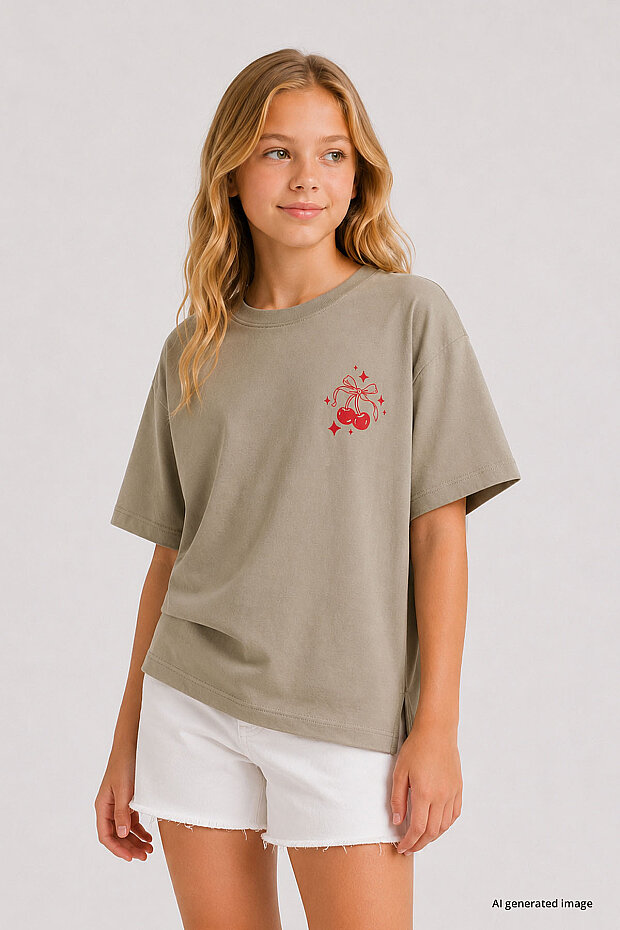 Koyu Bej Rahat Form Kısa Kollu Baskılı Kız Çocuk T-Shirt - 75176 - 2