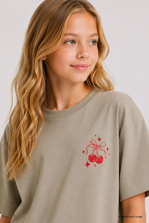 Koyu Bej Rahat Form Kısa Kollu Baskılı Kız Çocuk T-Shirt - 75176 - 3