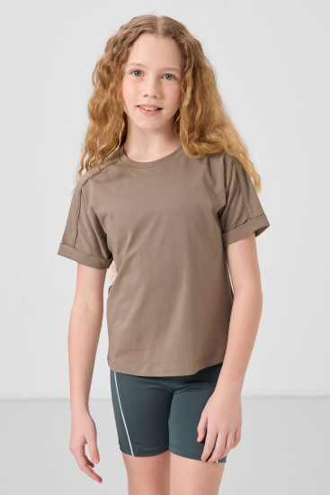 Koyu Bej Pamuklu O Yaka Oversize Fit Basic Kız Çocuk T-Shirt - 75182 