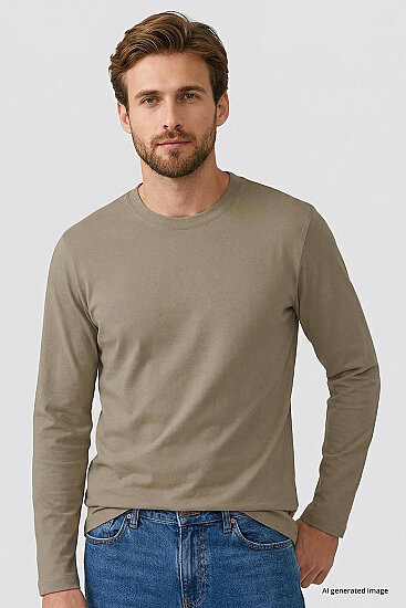 Koyu Bej Standart Fit Basic O Yaka Uzun Kollu İnce Erkek T-Shirt - 87997 
