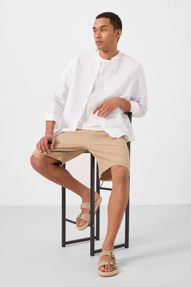 Koyu Bej Standart Fit Dokuma Hafif Esnek Chino Erkek Şort - 81289 - 6