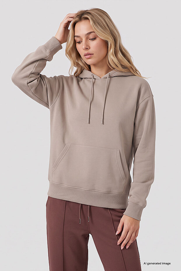 Koyu Bej Standart Kapüşonlu Kanguru Cepli Basic Kadın Sweatshirt - 97321 - 4