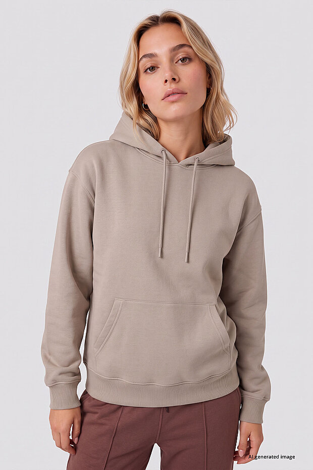 Koyu Bej Standart Kapüşonlu Kanguru Cepli Basic Kadın Sweatshirt - 97321 - 2