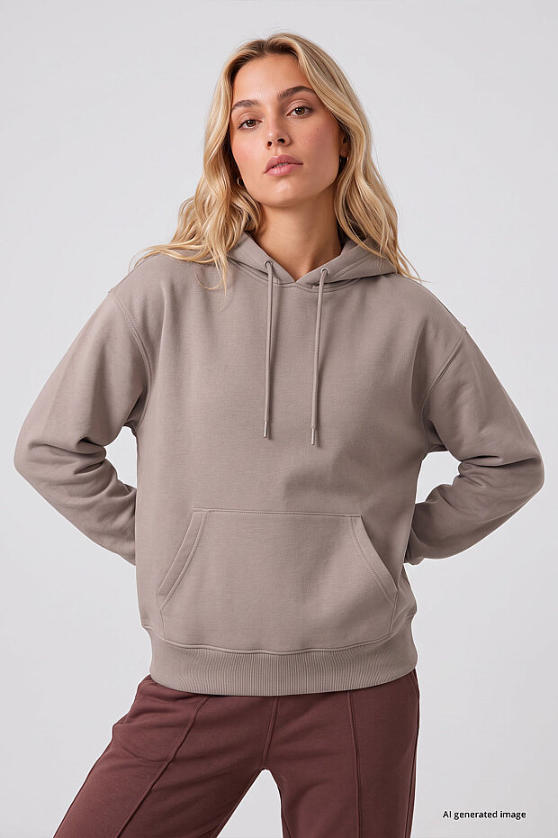 Koyu Bej Standart Kapüşonlu Kanguru Cepli Basic Kadın Sweatshirt - 97321 - 5