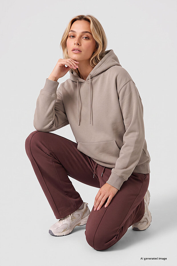 Koyu Bej Standart Kapüşonlu Kanguru Cepli Basic Kadın Sweatshirt - 97321 - 7