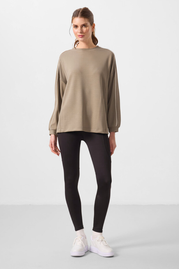 Koyu Bej Yumuşak Dokulu O Yaka Oversize Kadın Tunik Sweatshirt - 97303 - 2