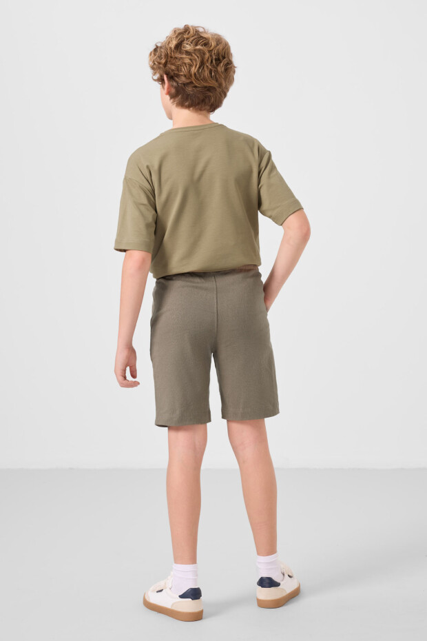 Koyu Bej-Camel Pamuklu Oversize Fit Dokuma Hafif Esnek Chino Erkek Çocuk Şort Takım - 11277 - 7