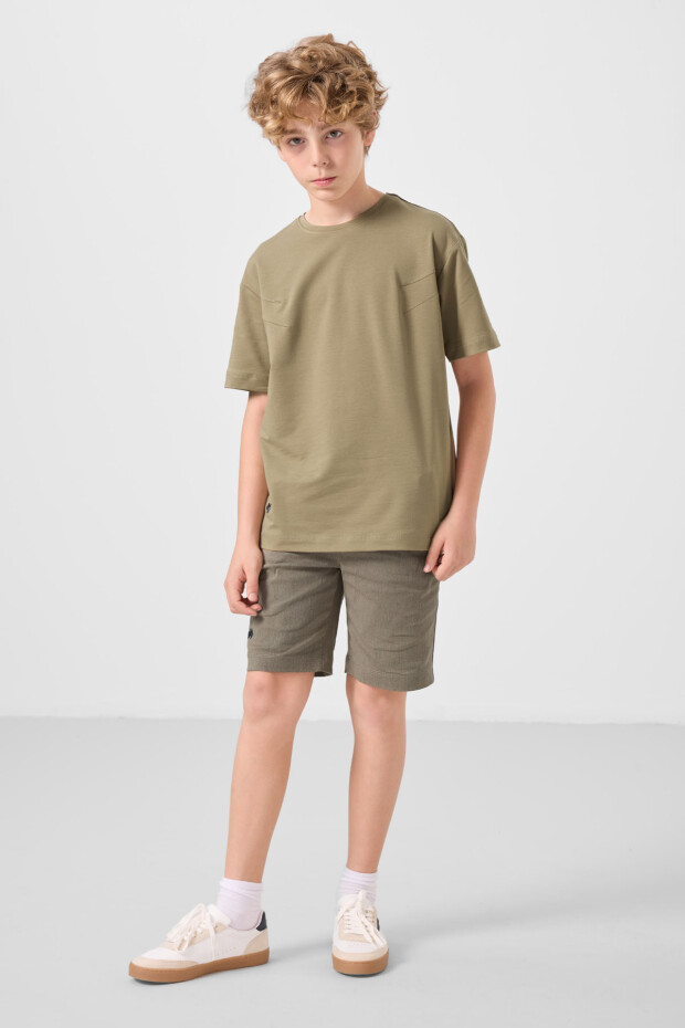 Koyu Bej-Camel Pamuklu Oversize Fit Dokuma Hafif Esnek Chino Erkek Çocuk Şort Takım - 11277 - 3