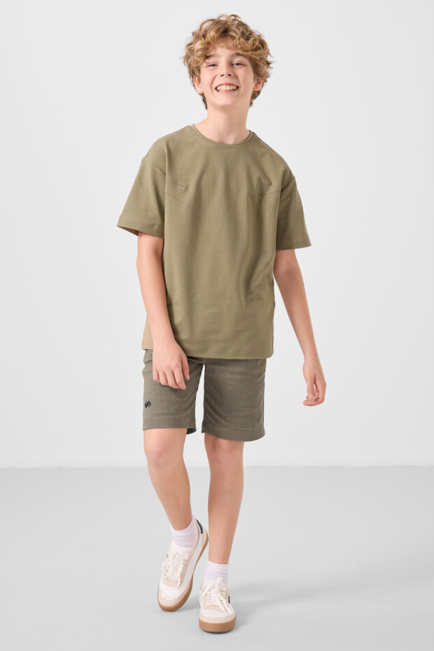 Koyu Bej-Camel Pamuklu Oversize Fit Dokuma Hafif Esnek Chino Erkek Çocuk Şort Takım - 11277 - 1