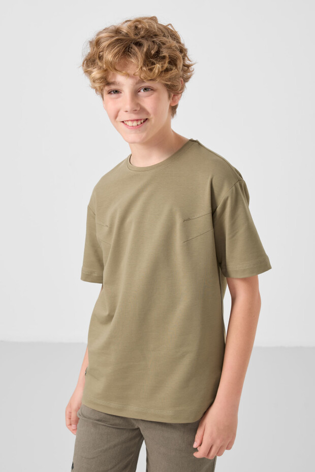 Koyu Bej-Camel Pamuklu Oversize Fit Dokuma Hafif Esnek Chino Erkek Çocuk Şort Takım - 11277 - 5