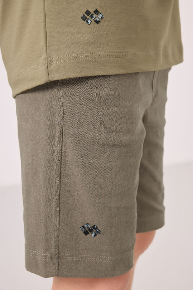 Koyu Bej-Camel Pamuklu Oversize Fit Dokuma Hafif Esnek Chino Erkek Çocuk Şort Takım - 11277 - 6