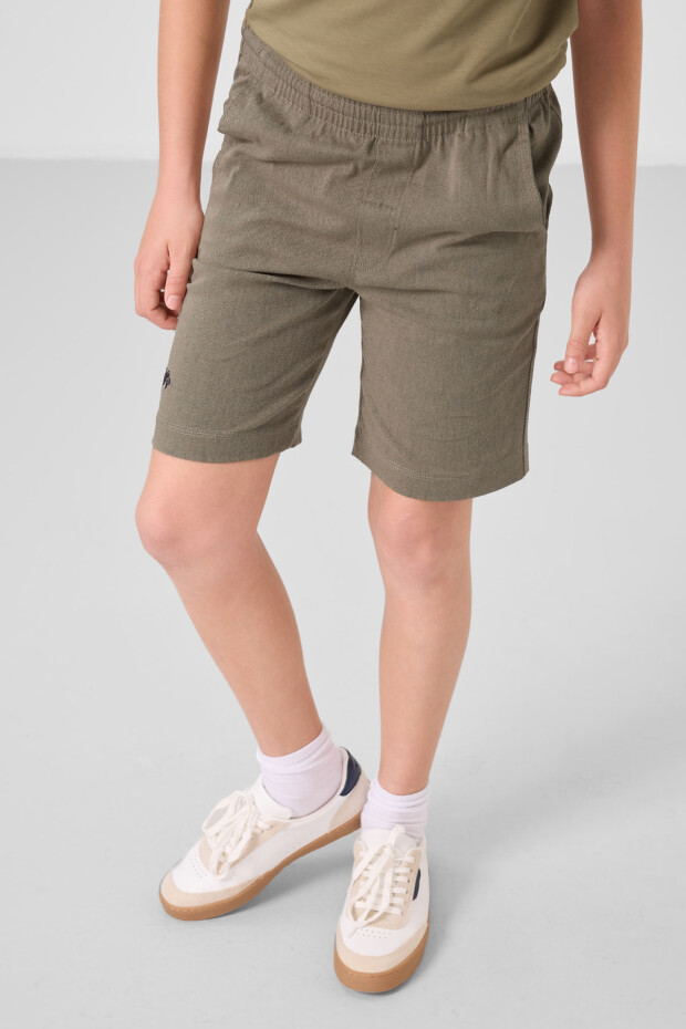 Koyu Bej-Camel Pamuklu Oversize Fit Dokuma Hafif Esnek Chino Erkek Çocuk Şort Takım - 11277 - 4