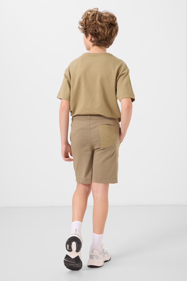 Koyu Bej-Camel Pamuklu Oversize Fit Dokuma Hafif Esnek Chino Erkek Çocuk Şort Takım - 11278 - 7