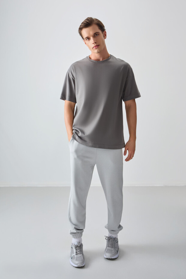 Koyu Gri %100 Pamuk Kalın Yumuşak Dokulu Oversize Fit Basic Erkek T-Shirt - 88353 - 3