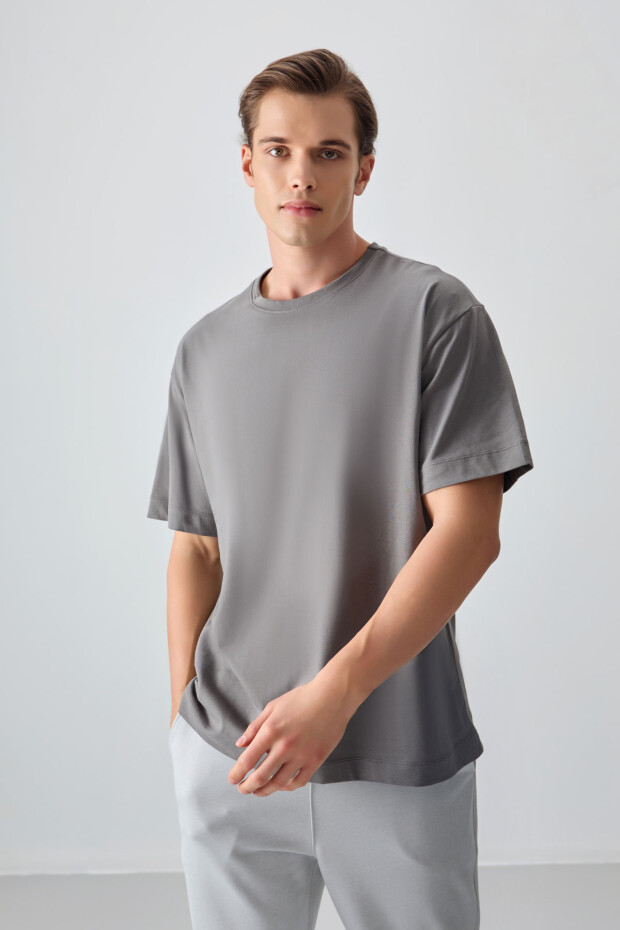 Koyu Gri %100 Pamuk Kalın Yumuşak Dokulu Oversize Fit Basic Erkek T-Shirt - 88353 - 4