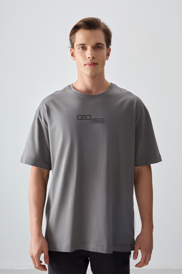 Koyu Gri %100 Pamuk Kalın Yumuşak Dokulu Oversize Fit Baskılı Erkek T-Shirt - 88361 - 3
