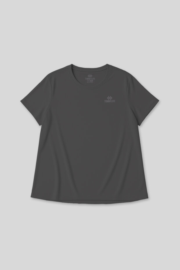 Koyu Gri Baskılı Rahat Form Büyük Beden Performans Kadın T-Shirt - 97308 - 2
