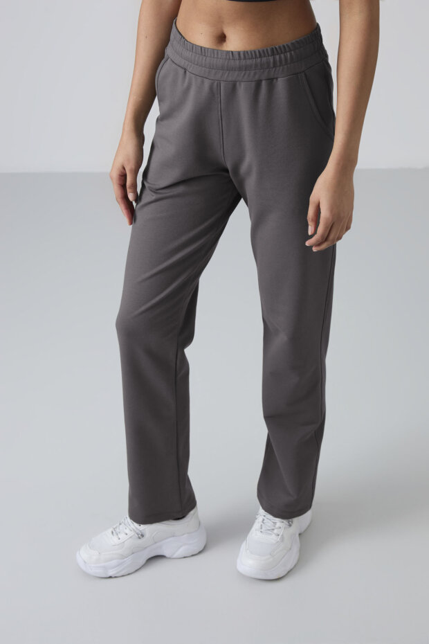 Koyu Gri Yüksek Bel Cepli Rahat Form Klasik Paça Kadın Eşofman Alt - 94584 - 3