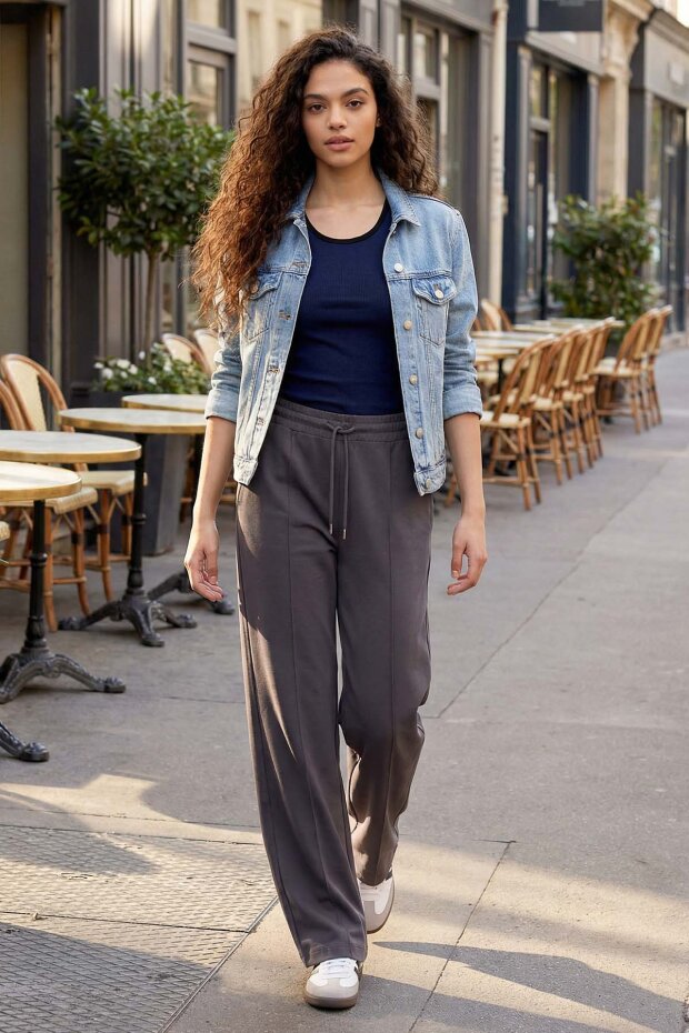 Koyu Gri Yumuşak Dokulu Cepli Ön Dikiş Detaylı Kadın Palazzo Pantolon - 94670 - 1